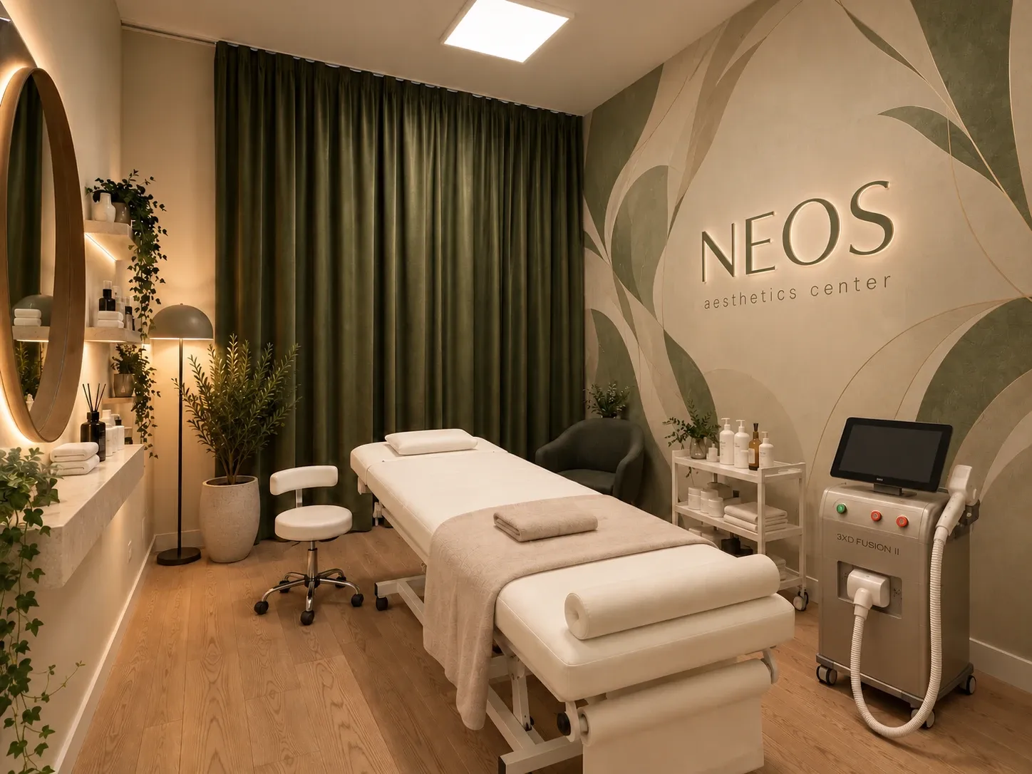 Vizualizacija sobe za tretmane sa laserom i natpisom NEOS na zidu